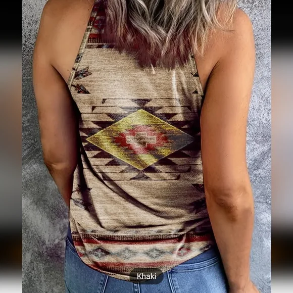 Aztec Print Crew Neck Vest, Vintage Sleeveless Summer Vest, Women's Clothing - Picture 3 of 3
